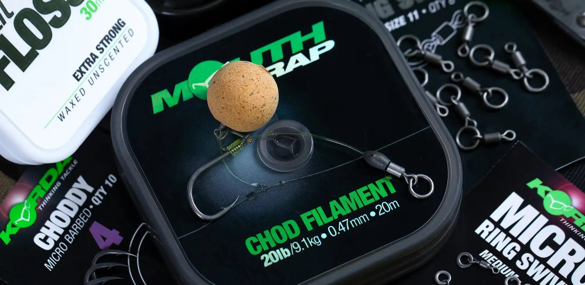 Black and green chod filament spool with cork ball for chod rig