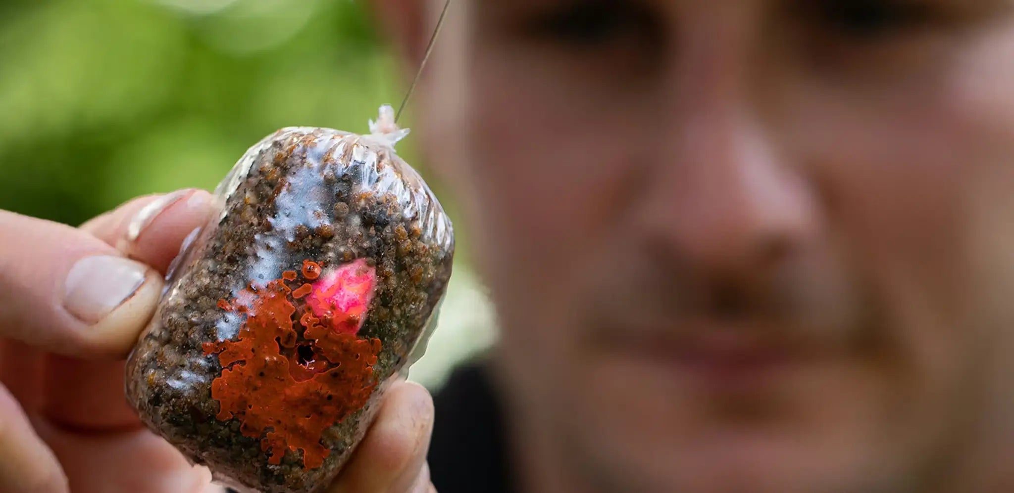 Translucent PVA bag with dark brown bait and red orange lure for flat bed style