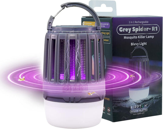 RIPPTON Grey Spider-R1 Mosquito and Fly Killer Camping Light, 2 Light Modes, Rechargeable, Waterproof for Bivvy, Home, Garden (1pcs)
