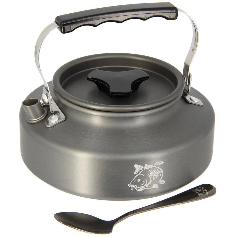 Load image into Gallery viewer, NGT Aluminium Outdoor Kettle Set - 0.80 Litre Gun Metal Kettle with Teaspoon and 600D Case

