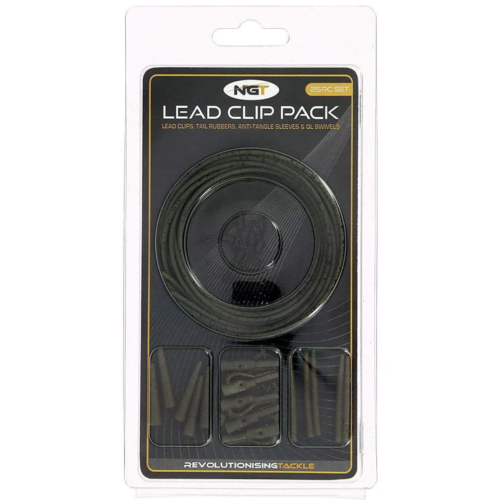 NGT Camo Lead Clip Action Pack - 5 x Lead Clip, Tail Rubber, Anti-Tangle Sleeve and QL Swivel Set