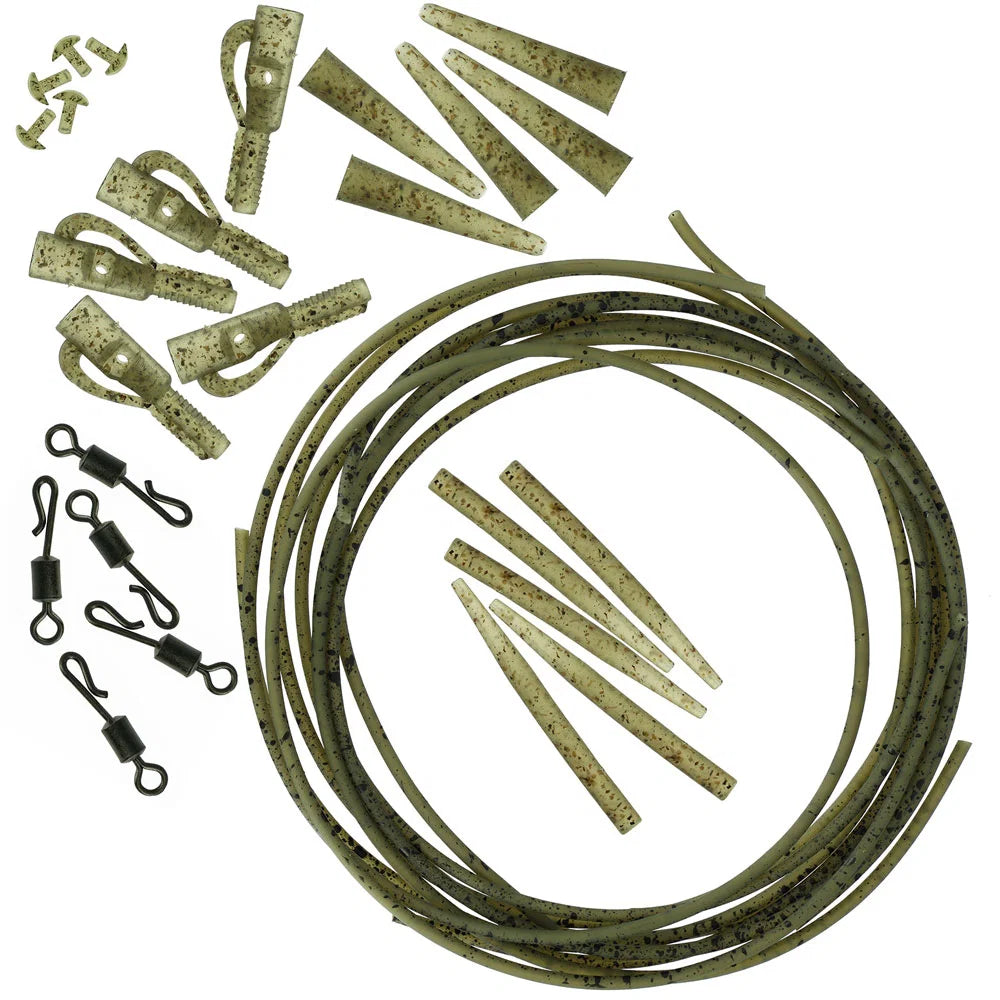 NGT Camo Lead Clip Action Pack - 5 x Lead Clip, Tail Rubber, Anti-Tangle Sleeve and QL Swivel Set