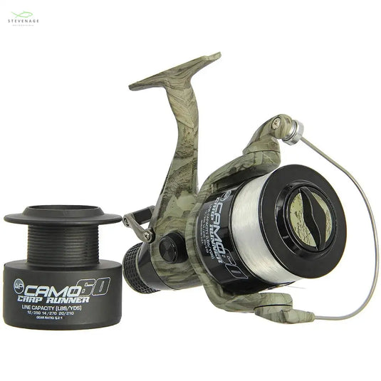 NGT Angling Pursuits Camo 60 - 3BB Carp Runner Reel with 12lb Line and Spare Spool NGT