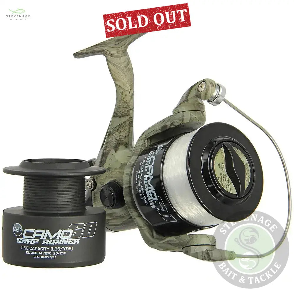 NGT Angling Pursuits Camo 60 - 3BB Carp Runner Reel with 12lb Line and Spare Spool NGT