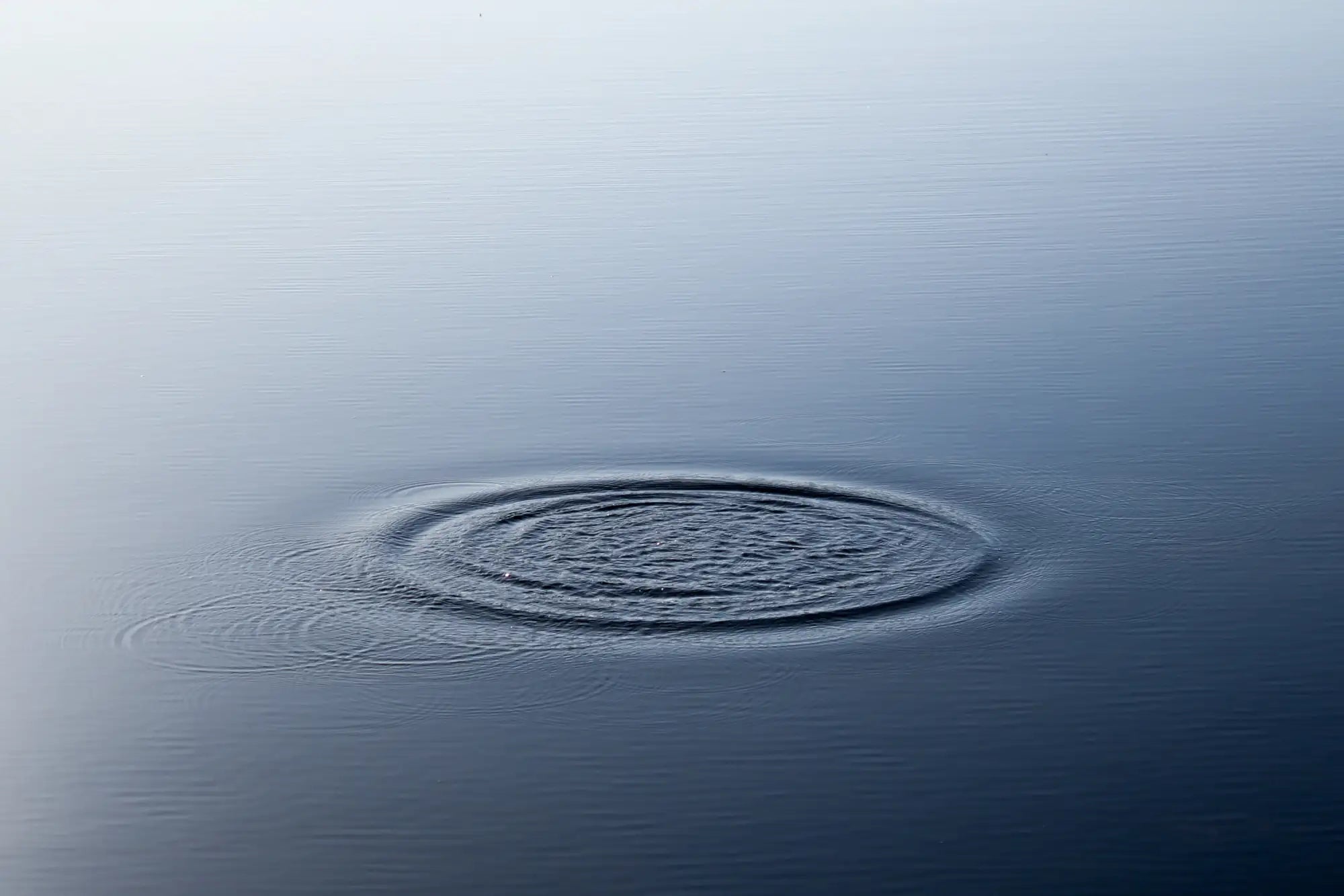 A calm, dark blue water surface with concentric ripples expanding outward from a single point of impact.