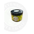 A clear plastic jar with a black lid filled with bright yellow carp fuel wafters fishing bait pellets