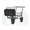 Olive green metal carp porter fishing cart with black wheels and dark kamo camouflage compact luggage front bag