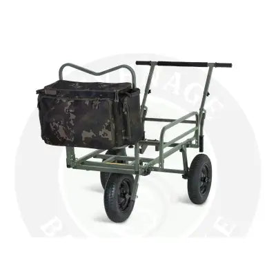 Olive green metal carp porter fishing cart with black wheels and dark kamo camouflage compact luggage front bag