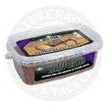 Clear plastic container of brown dynamite baits big fish feeder ready pellets with garlic for fishing bait use