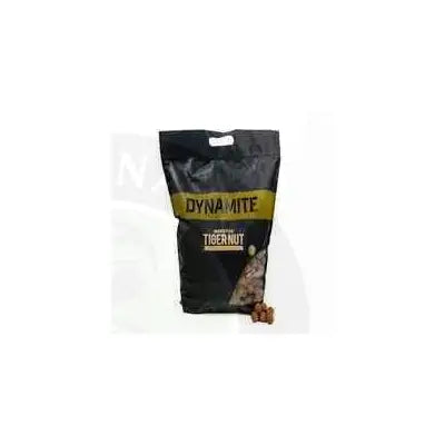 Black and gold dynamite baits monster tiger nut bag with clear window showing brown textured nuts for carp fishing