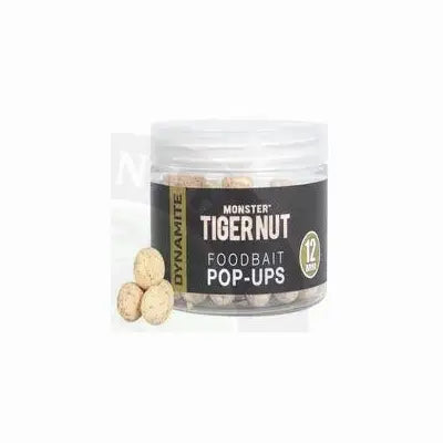 Dynamite baits monster tiger nut foodbait pop-ups 12mm in clear plastic container with black and white labeling