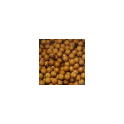 Golden-brown spherical dynamite baits peppered fruit boilies 12mm densely packed in 1kg bag for carp fishing