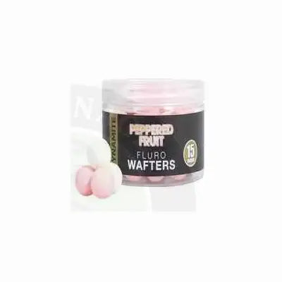 Pink peppermint flavored wafer candies in a clear jar with black and white labeling from Dynamite Baits peppered fruit wafters