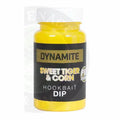 A vibrant yellow bottle of dynamite baits sweet tiger and corn concentrate dip with white cap and black label