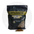 Black and yellow pouch of dynamite baits sweet tiger corn pellets 900g advanced 4mm feed pellets for anglers