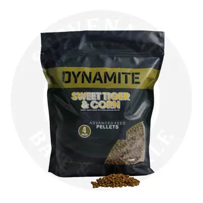 Black and yellow pouch of dynamite baits sweet tiger corn pellets 900g advanced 4mm feed pellets for anglers