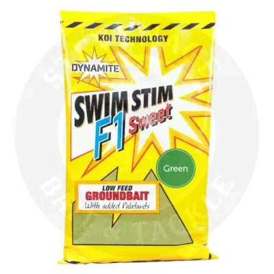 Yellow bag of dynamite baits swim stim f1 sweet green groundbait 800g with bold graphic design
