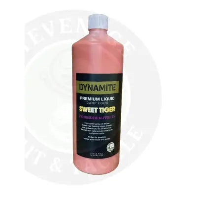 Pink dynamite premium sweet tiger forbidden fruits liquid carp food bottle with white cap and black label with gold and purple text