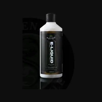 White plastic bottle with black cap and label featuring bold white e-liquid text for elevate baits e-liquid