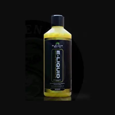 Yellow 500ml bottle of elevate baits e-liquid with black label and cap for vaping use