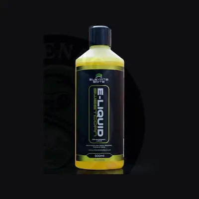 Yellow bottle of elevate baits e-liquid with black label and cap for fishing bait enhancement