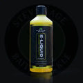 A 500ml bottle of elevate baits e-liquid sweet corn enhancer filled with bright yellow liquid and black cap