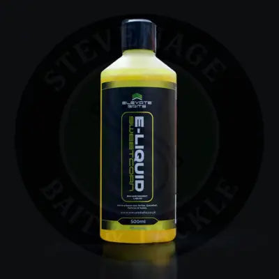 A 500ml bottle of elevate baits e-liquid sweet corn enhancer filled with bright yellow liquid and black cap