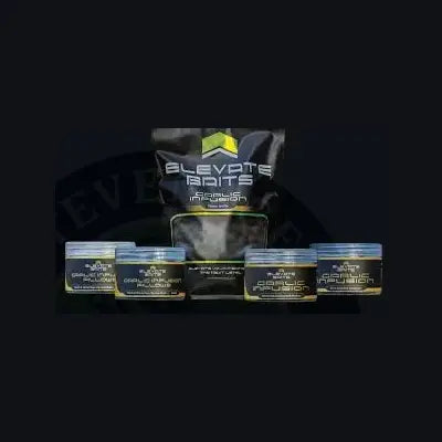 Black bag of elevate baits garlic infusion boilies with five jars featuring blue lids and gold labeling in front
