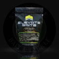 Black resealable pouch of elevate baits garlic infusion 18mm boilies with neon green trim and bold yellow logo displaying bait pellets