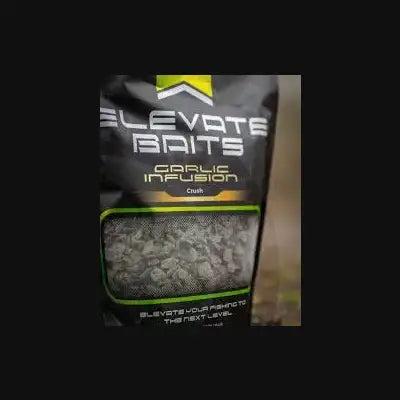 Black and green bag of Elevate Baits garlic infusion crush fishing bait with potent garlic infusion for effective angling