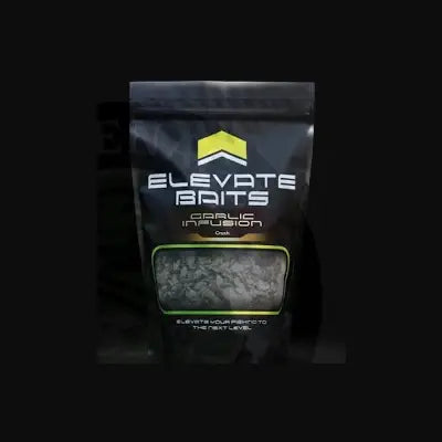 Black pouch of elevate baits garlic infusion crush with clear window showing dark granular garlic infusion bait inside