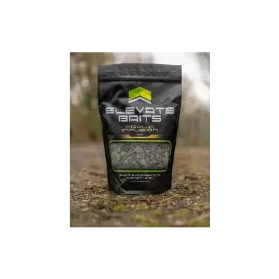 Black pouch of elevate baits garlic infusion crush crispy kraken fishing bait with clear window showing gray pellets