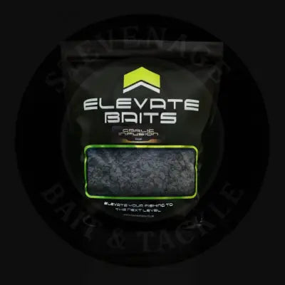 Black resealable bag of elevate baits garlic infusion crush fishing bait with neon green border and logo