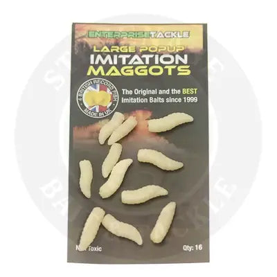 A package of et large white pop up maggots with 16 pale yellow large buoyant imitation bait pieces for stevenage bait use