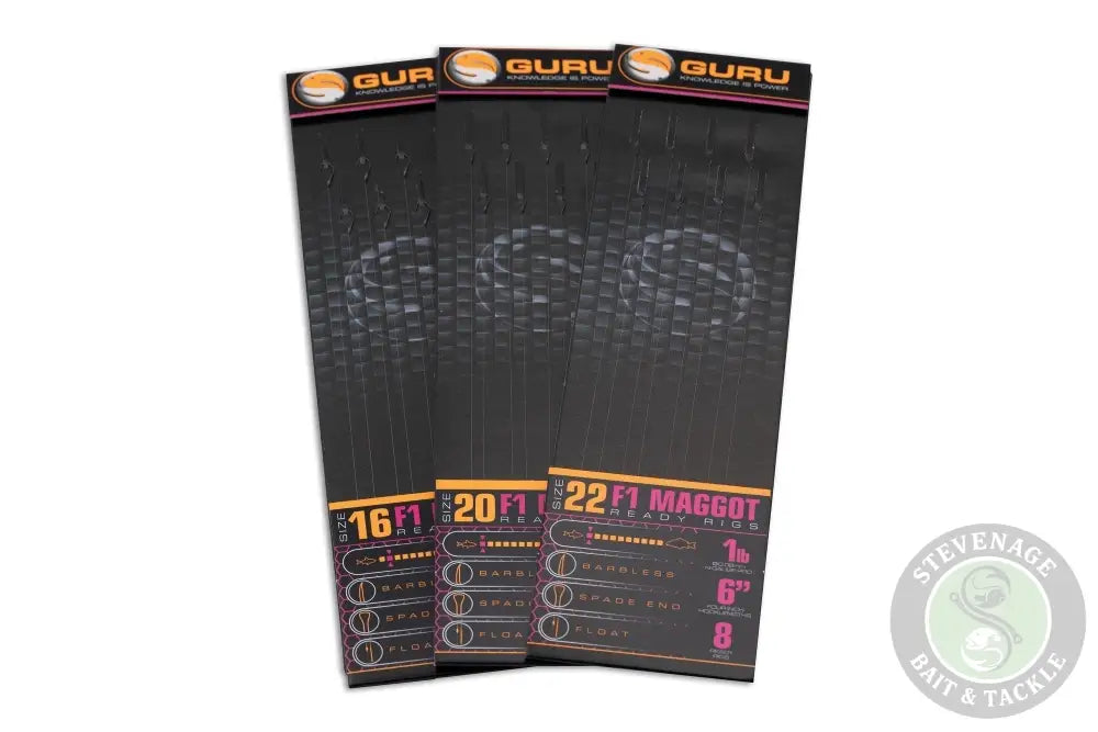 Three black packages of guru brand 22ft maggot hook rigs size 14 with 011mm diameter provide stevenage bait use