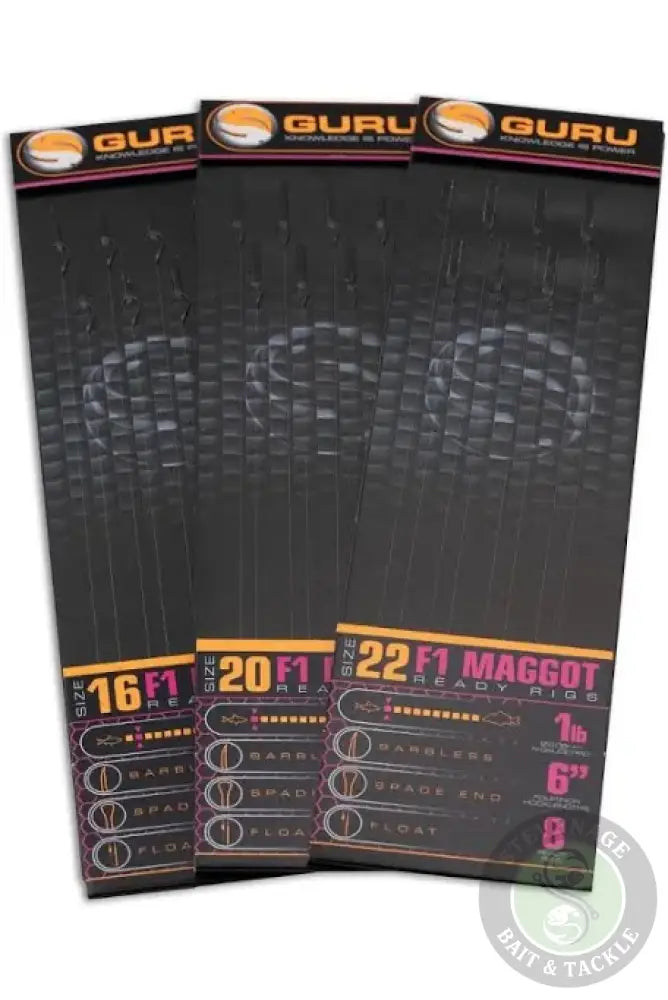 Black guru maggot hook rigs 6 inch featuring 16f1 20f1 22f1 sizes with labeled barbs spads floats marlors for stevenage bait use