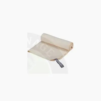 Beige flextail cozy towel made of soft fabric with a gray tag perfect for comfortable drying and use