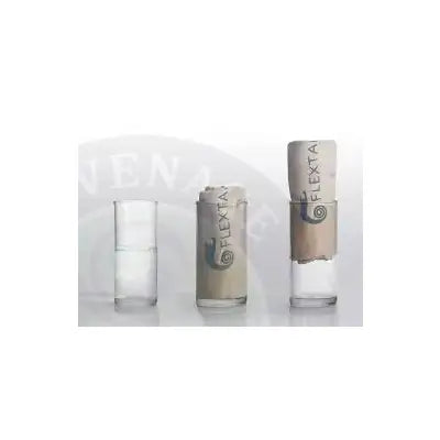 Three transparent glass vials with clear liquid sealed by beige flexta cork stoppers featuring black logos for flextail cozy towel