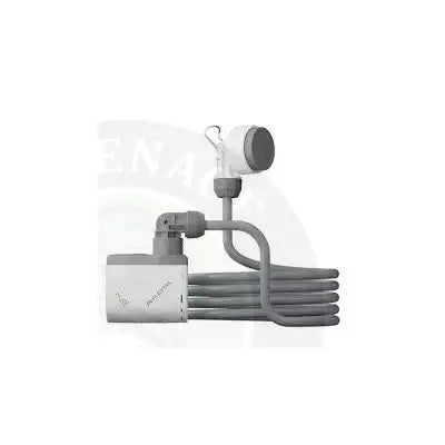 Gray coiled cable connected to a white flextail tiny shower device with aero branding and a circular sensor on top