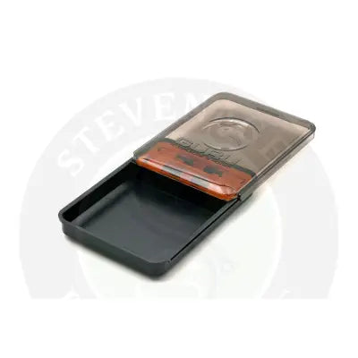 Black plastic case with transparent lid and orange interior for Gardner Tackle GPB polarised sunglasses featuring guru branding