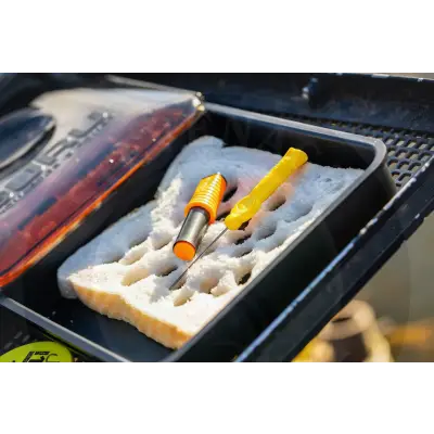 Yellow-handled fishing needle and hook tool set in black foam case for gardner tackle gpb polarised sunglasses use