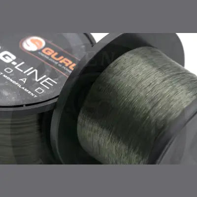 Dark green guru drag-line 10lb monofilament fishing line 30mm 1000m spooled on a black plastic reel by stevenage bait