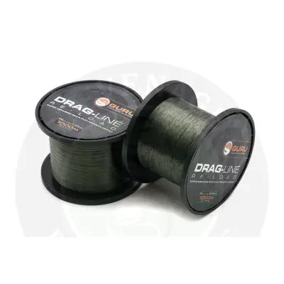 Two spools of guru drag-line 10lb monofilament fishing line 30mm 1000m in dark olive green with black plastic reels from stevenage bait