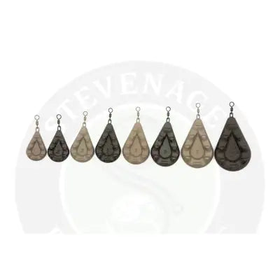 A row of eight tan and dark gray big grippa 2oz teardrop fishing sinkers with embossed patterns for stevenage bait boating rigs