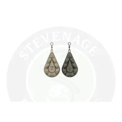 Two teardrop-shaped korda big grippa 2oz fishing sinkers in beige and speckled gray for boating rigs and stevenage bait