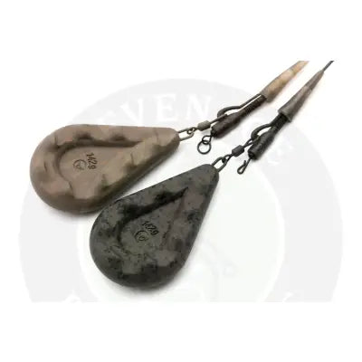 Two teardrop-shaped big grippa 2oz fishing sinkers in matte tan and speckled dark gray for boating rigs and stevenage bait