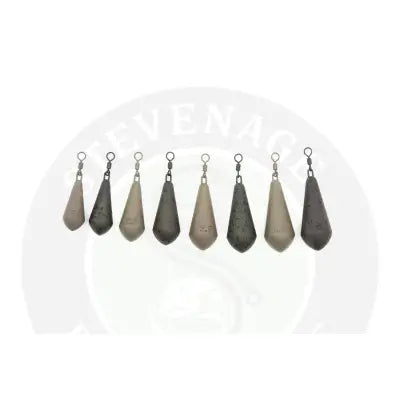 Set of eight kordia distance casting swivel fishing sinkers in gray and black for casting long distances