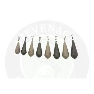 Set of eight gray and black teardrop distance casting swivel sinkers with metal loops for casting long distances by Korda