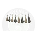Set of eight gray and black teardrop distance casting swivel sinkers with metal loops for casting long distances by Korda