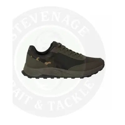 Olive green and black camouflage drykore trainer trail running shoe with textured rubber sole pre order april